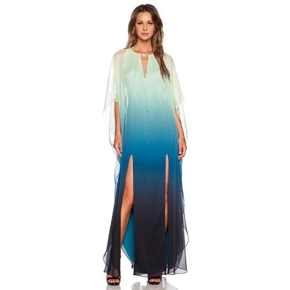 Halston Heritage Ombré Keyhole Double Split Kaftan Siz S Small In Atlantic Ombré - Picture 4 of 7